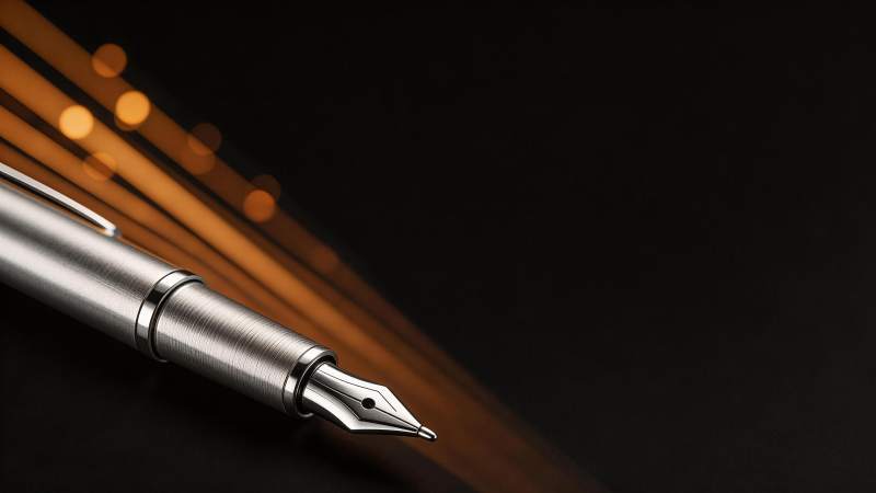 金属钢笔特写与暖色光斑背景图片