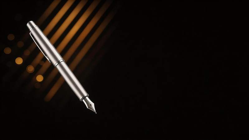 银色钢笔悬浮于暗色背景光斑之中图片