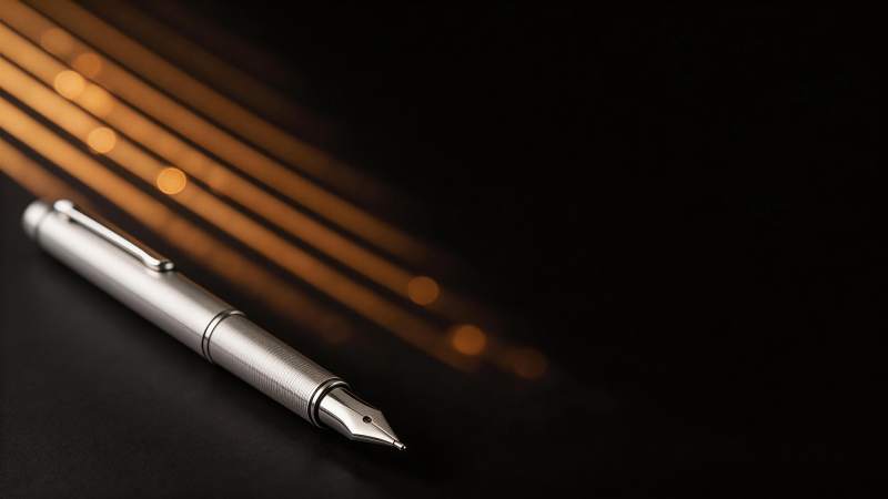 银色钢笔置于黑色背景上光线映照图片