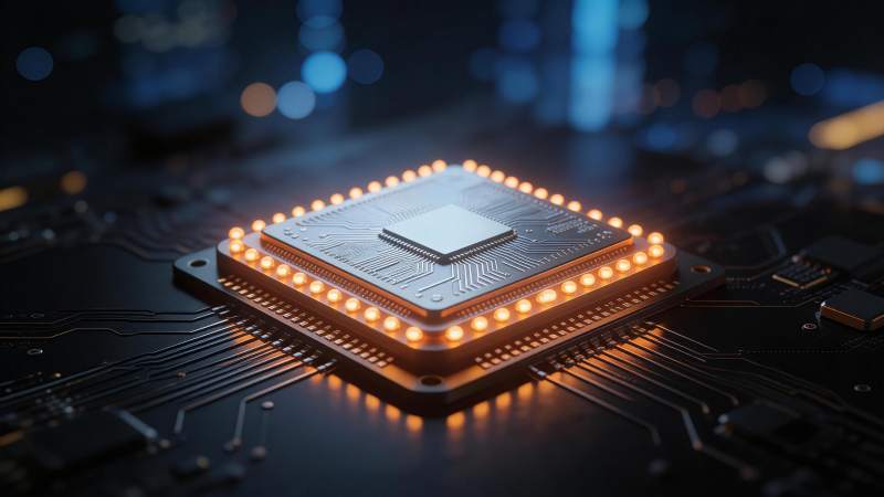 发光集成电路芯片特写展示高科技核心部件图片