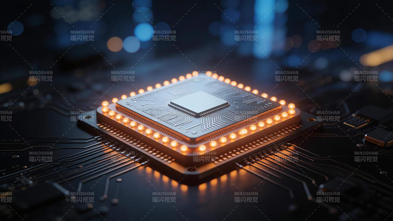 发光集成电路芯片特写展示高科技核心部件图片