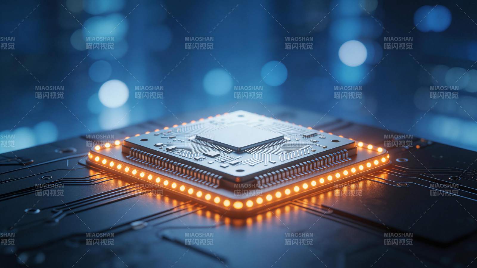 发光集成电路芯片置于电路板上的特写图片