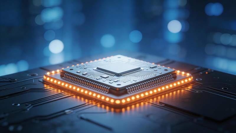 发光集成电路芯片置于电路板上的特写图片