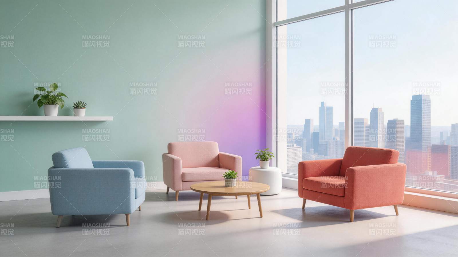 现代简约风格客厅布置与城市景观窗景图片