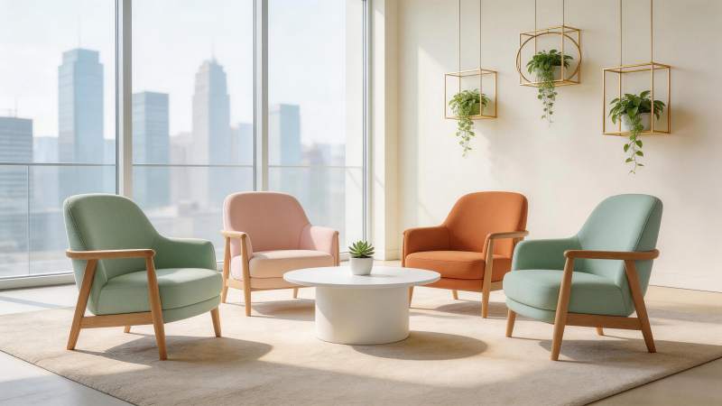 现代简约风格客厅四把彩色扶手椅与绿植装饰图片