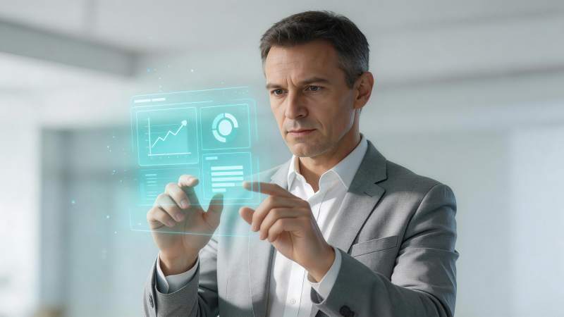 商务人士操作全息数据图表界面图片