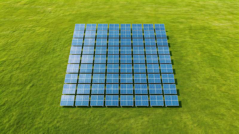 绿色草地上整齐排列的太阳能电池板阵列图片