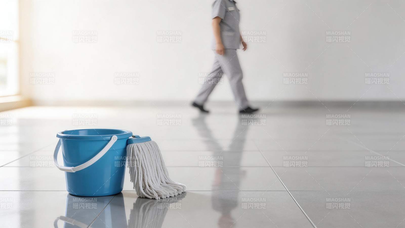 蓝色水桶与拖把置于光洁瓷砖地面图片