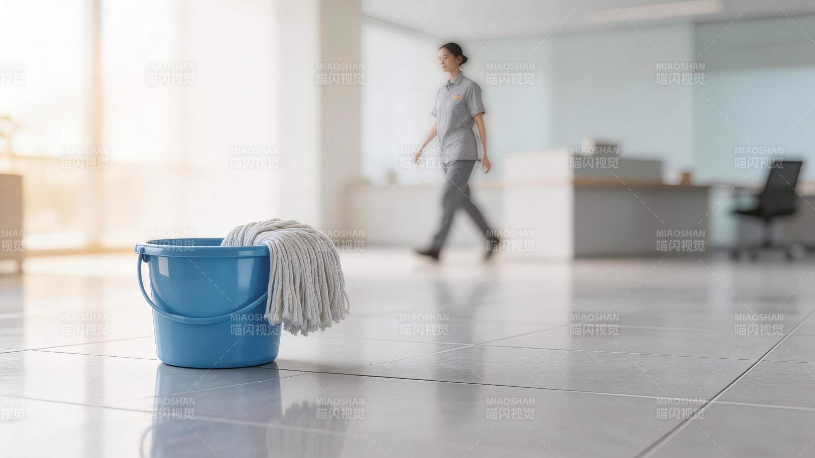 蓝色水桶配拖把置于光洁瓷砖地面图片