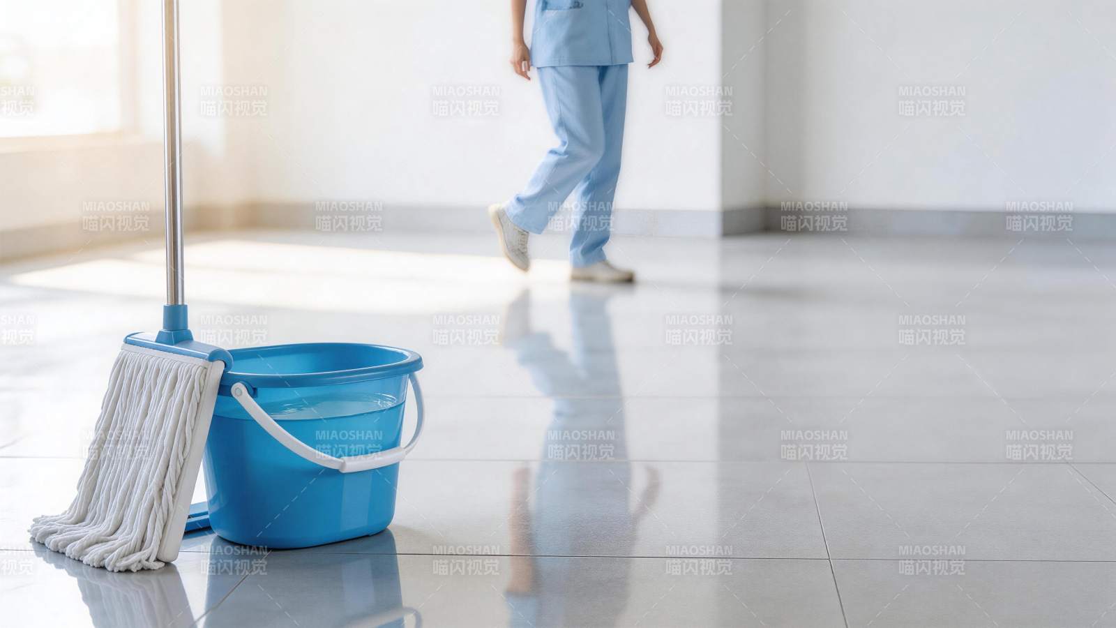 蓝色水桶拖把置于光洁瓷砖地面旁图片