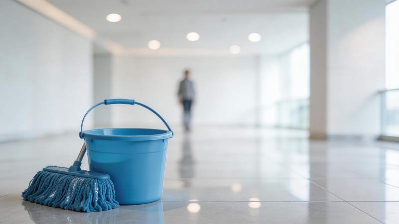 蓝色水桶与拖把置于光洁走廊地面图片