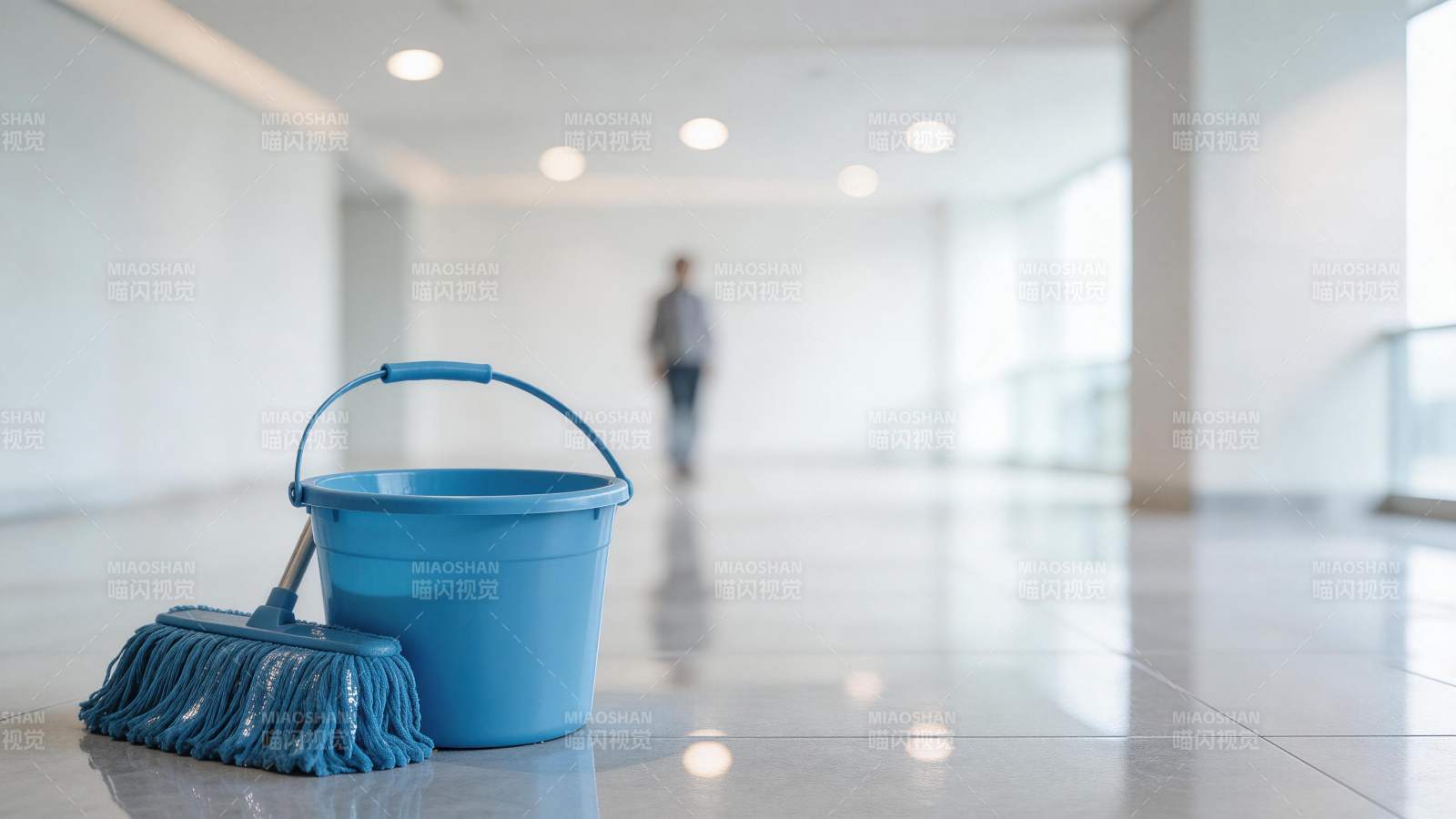 蓝色水桶与拖把置于光洁走廊地面图片