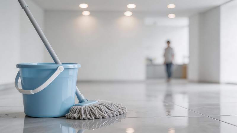 蓝色水桶与拖把置于光洁瓷砖地面图片