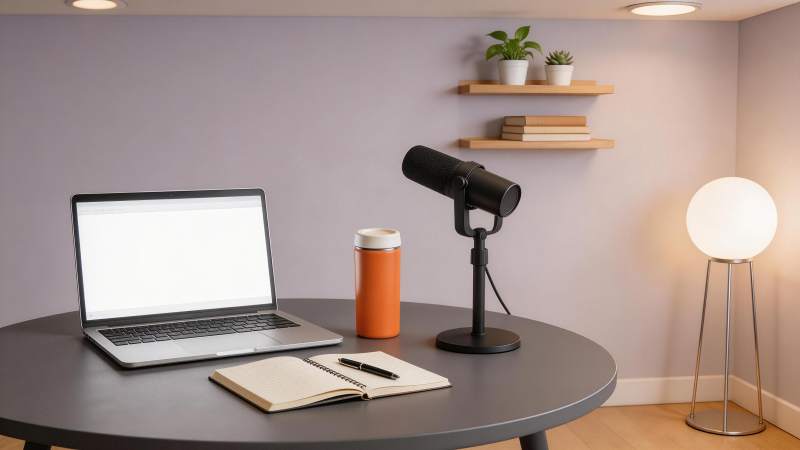 圆形桌面上摆放笔记本电脑与麦克风录音设备图片
