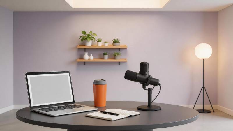 现代简约风格录音工作台布置场景图片
