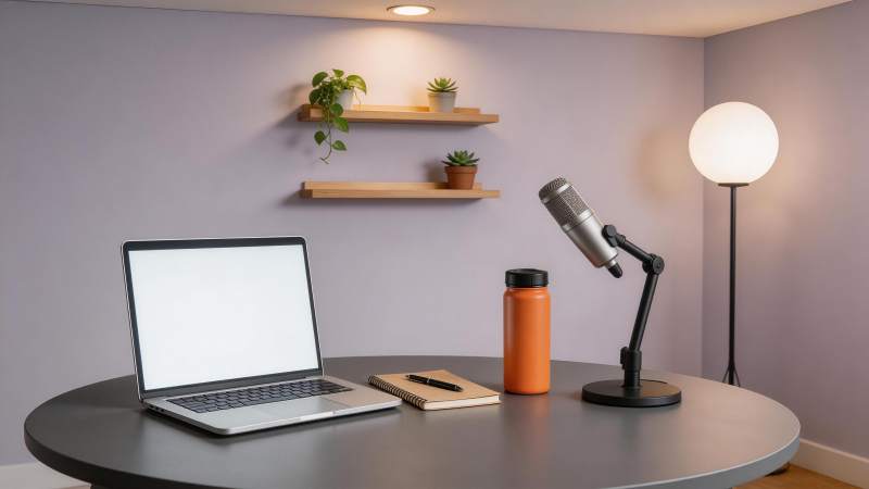 圆形桌面上摆放笔记本电脑与麦克风录音设备图片