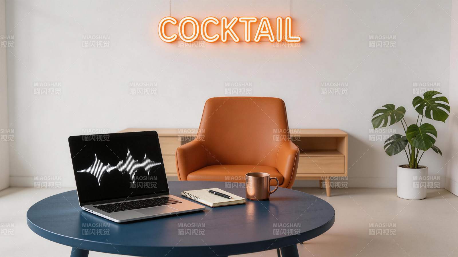 霓虹灯标识下的现代办公休闲场景图片