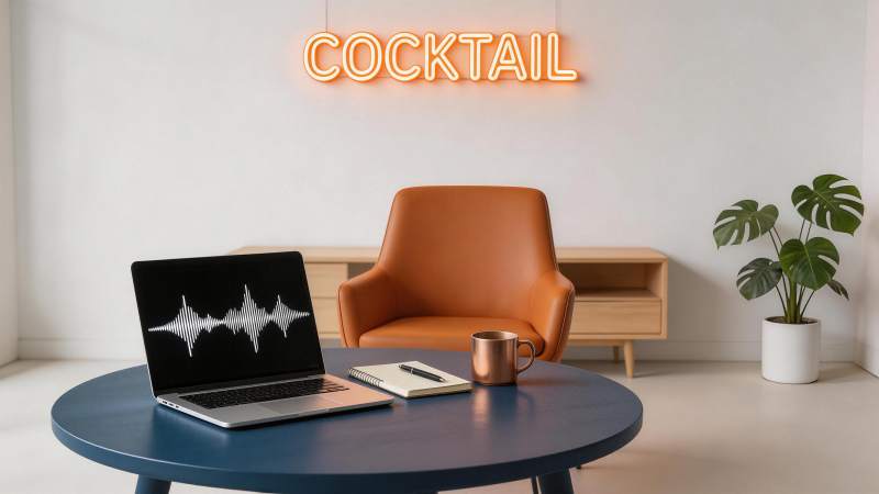 霓虹灯标识下的现代办公休闲场景图片