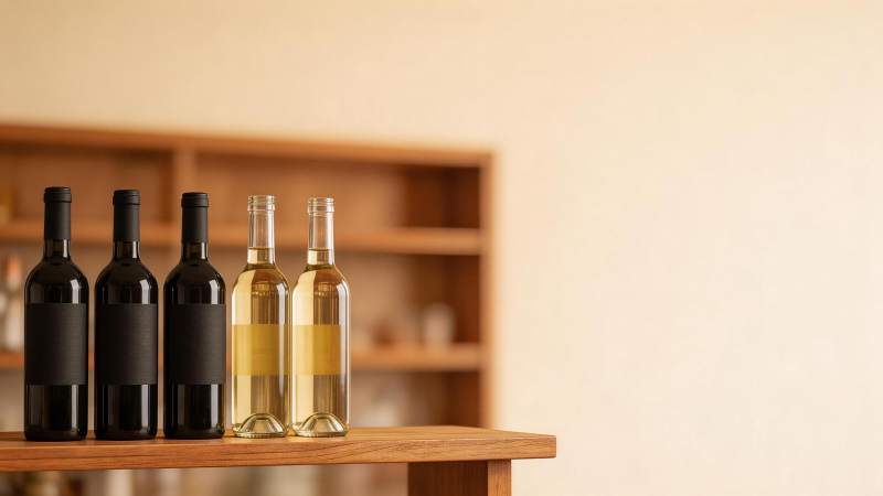 木质桌面上摆放五瓶葡萄酒的静物场景图片