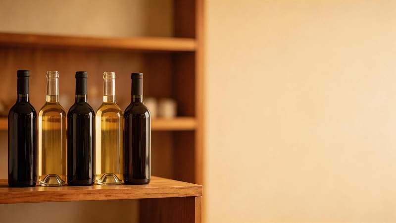 木质台面上整齐排列的五瓶葡萄酒图片