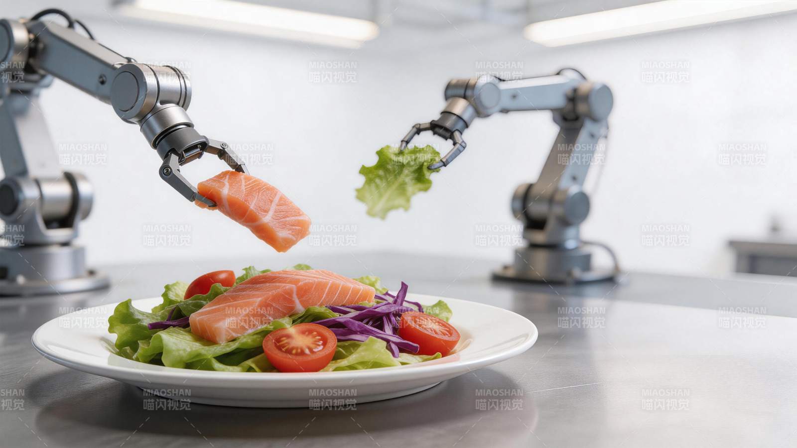 机械臂精准摆放三文鱼沙拉食材图片