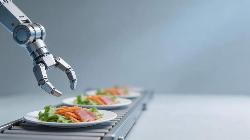 机械臂在传送带上精准摆放生鱼片沙拉图片