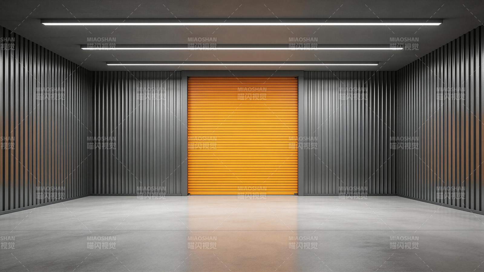 灰色金属墙面仓库内橙色卷帘门特写图片