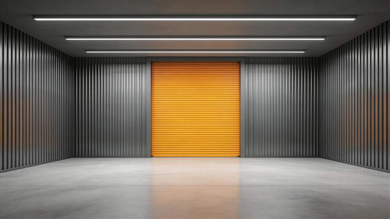 灰色金属墙面仓库内橙色卷帘门特写图片