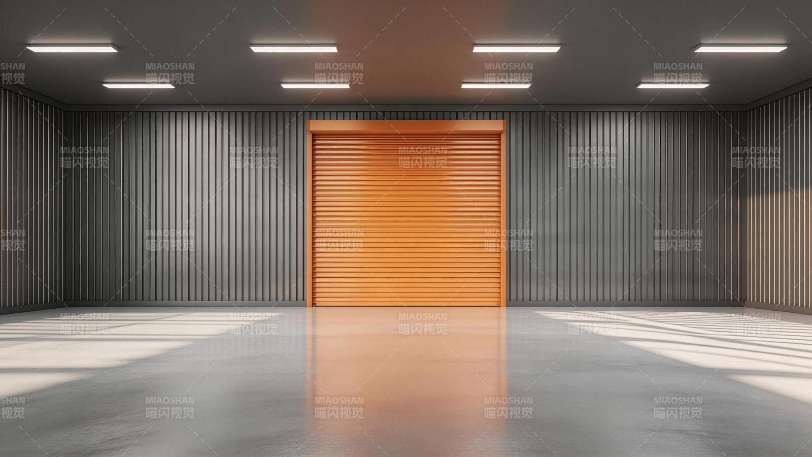 灰色金属墙室内空间配橙色卷帘门图片