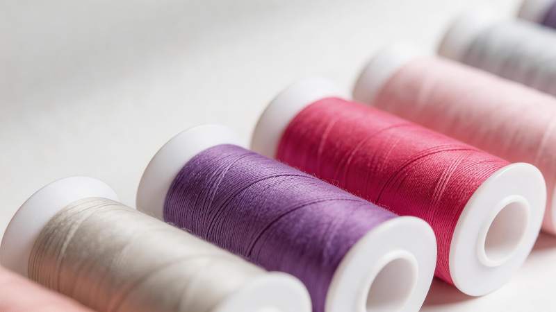 多色缝纫线卷整齐排列特写图片