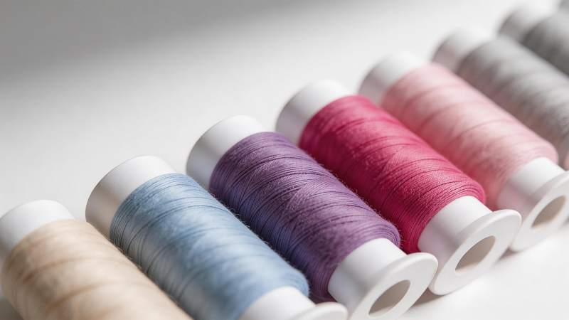 多色缝纫线轴整齐排列特写图片