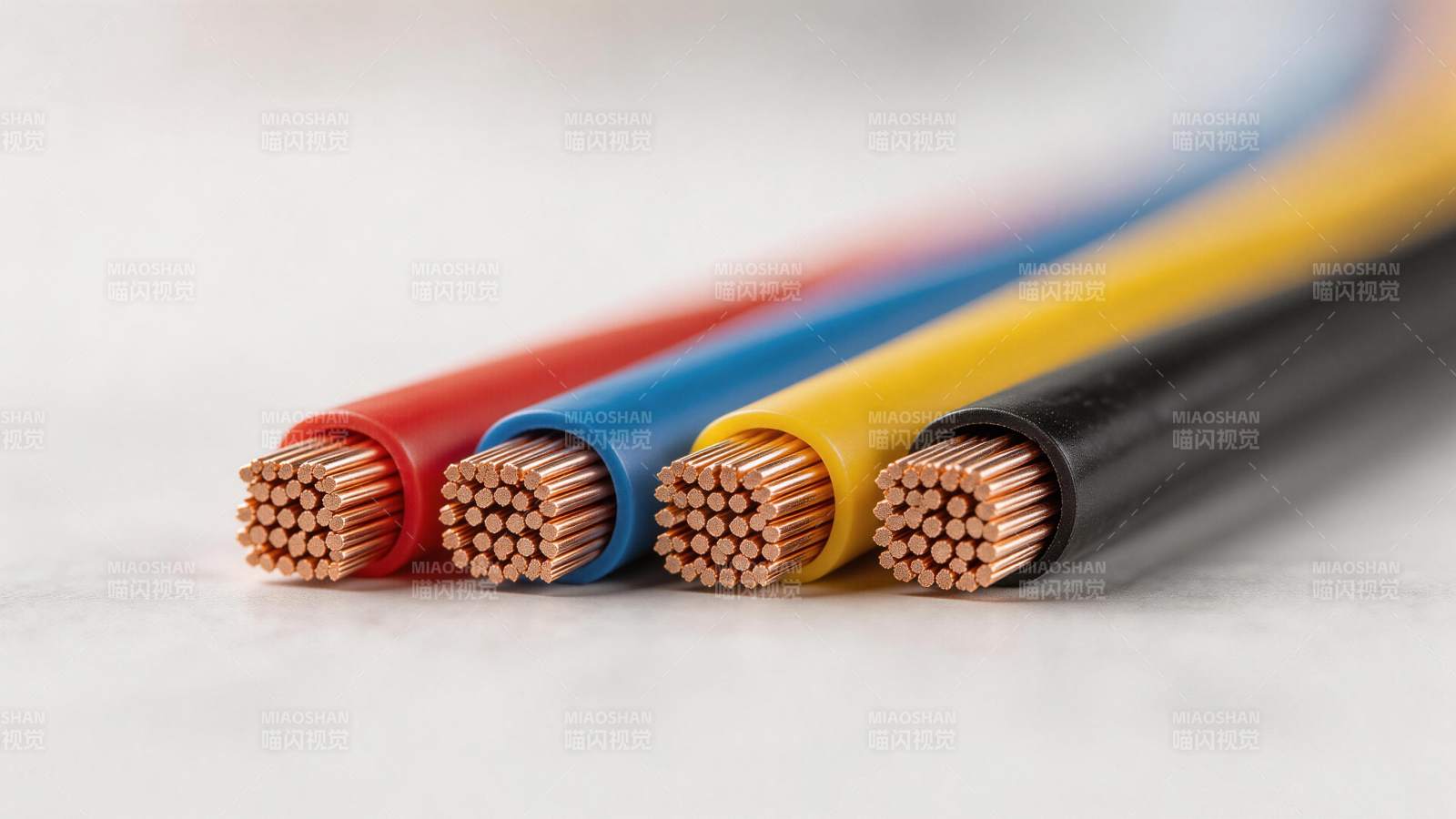四色绝缘铜芯电线并排特写展示图片