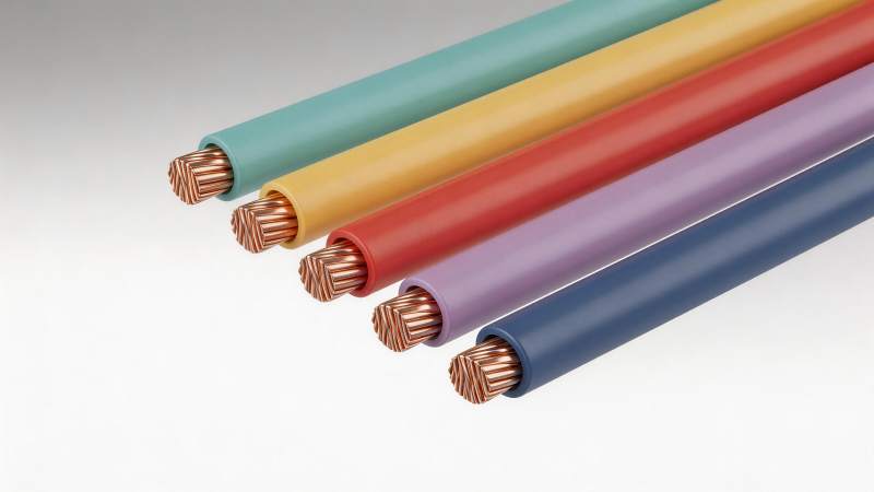 五种颜色绝缘铜芯电缆并列展示特写图片