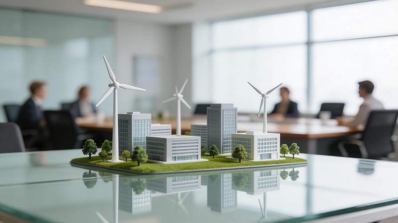 办公桌上风力发电模型与会议场景图片