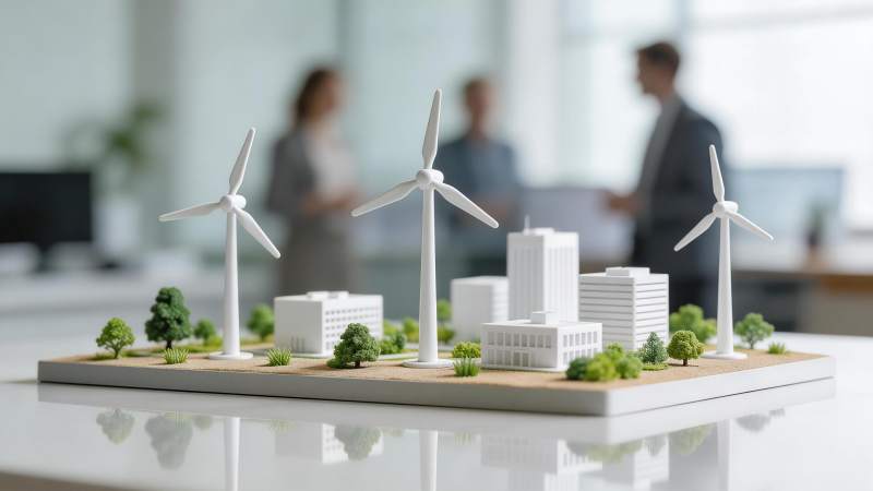 风力发电机与建筑模型沙盘展示场景图片