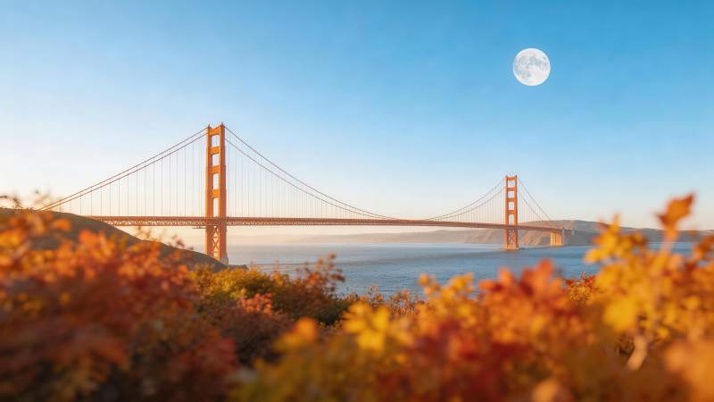 金门大桥秋日黄昏满月高悬景观图片