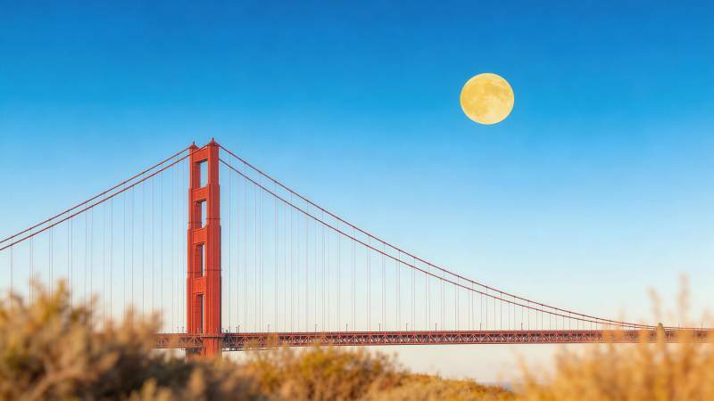 金门大桥与满月同框的壮丽景观图片