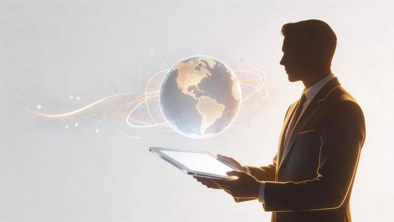 商务人士手持平板与全息地球互动图片