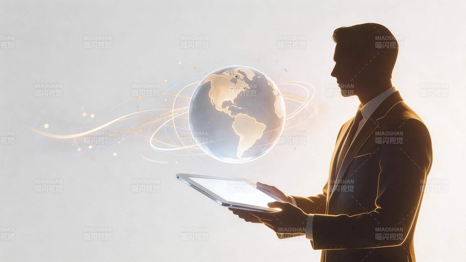 商务人士手持平板与全息地球互动图片