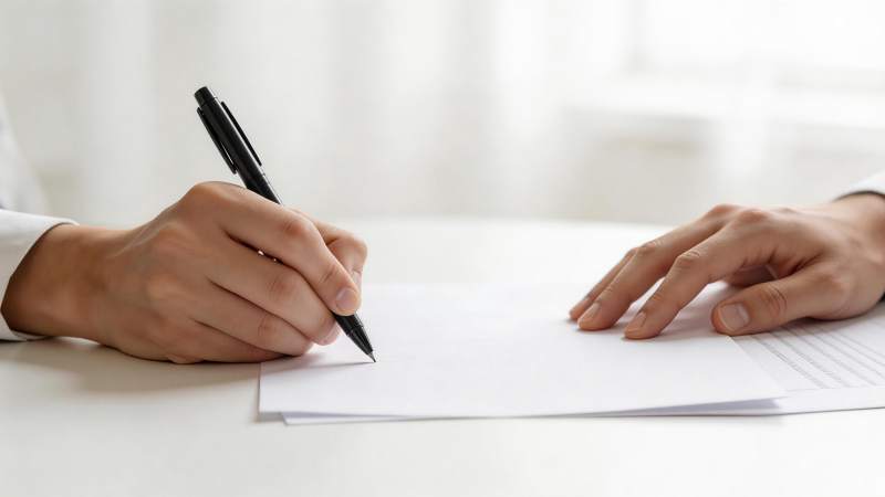 双手在白色桌面上签署文件的特写场景图片