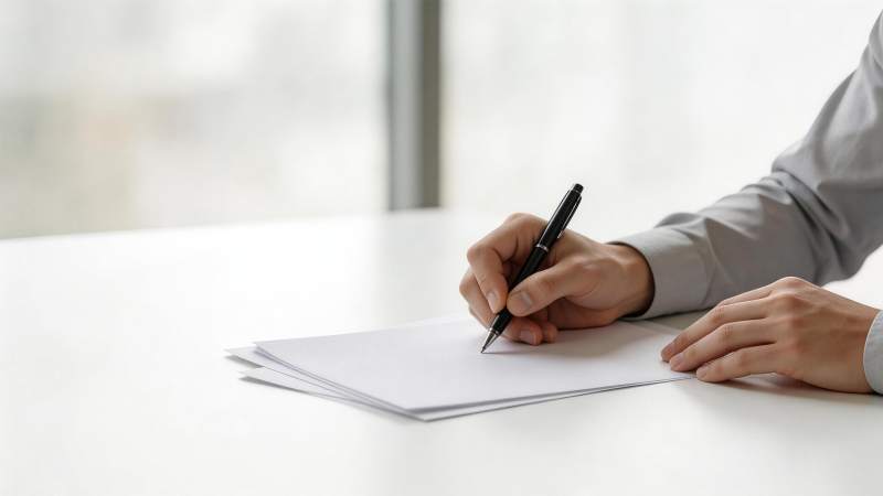 办公桌前手握钢笔书写文件的特写场景图片