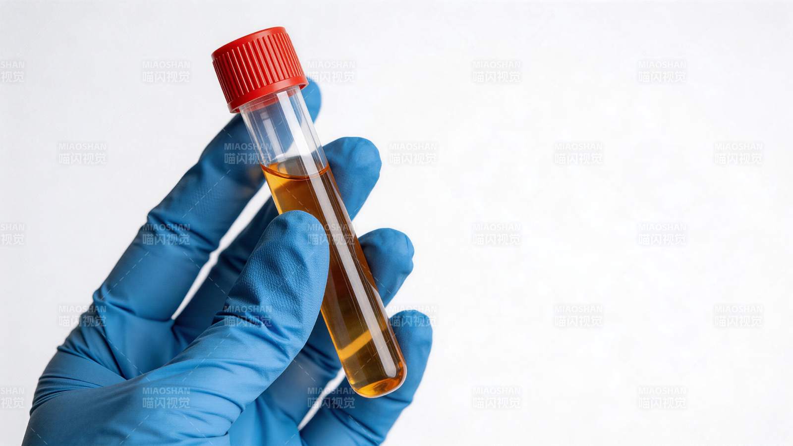 戴蓝色手套手持装有黄色液体的试管图片