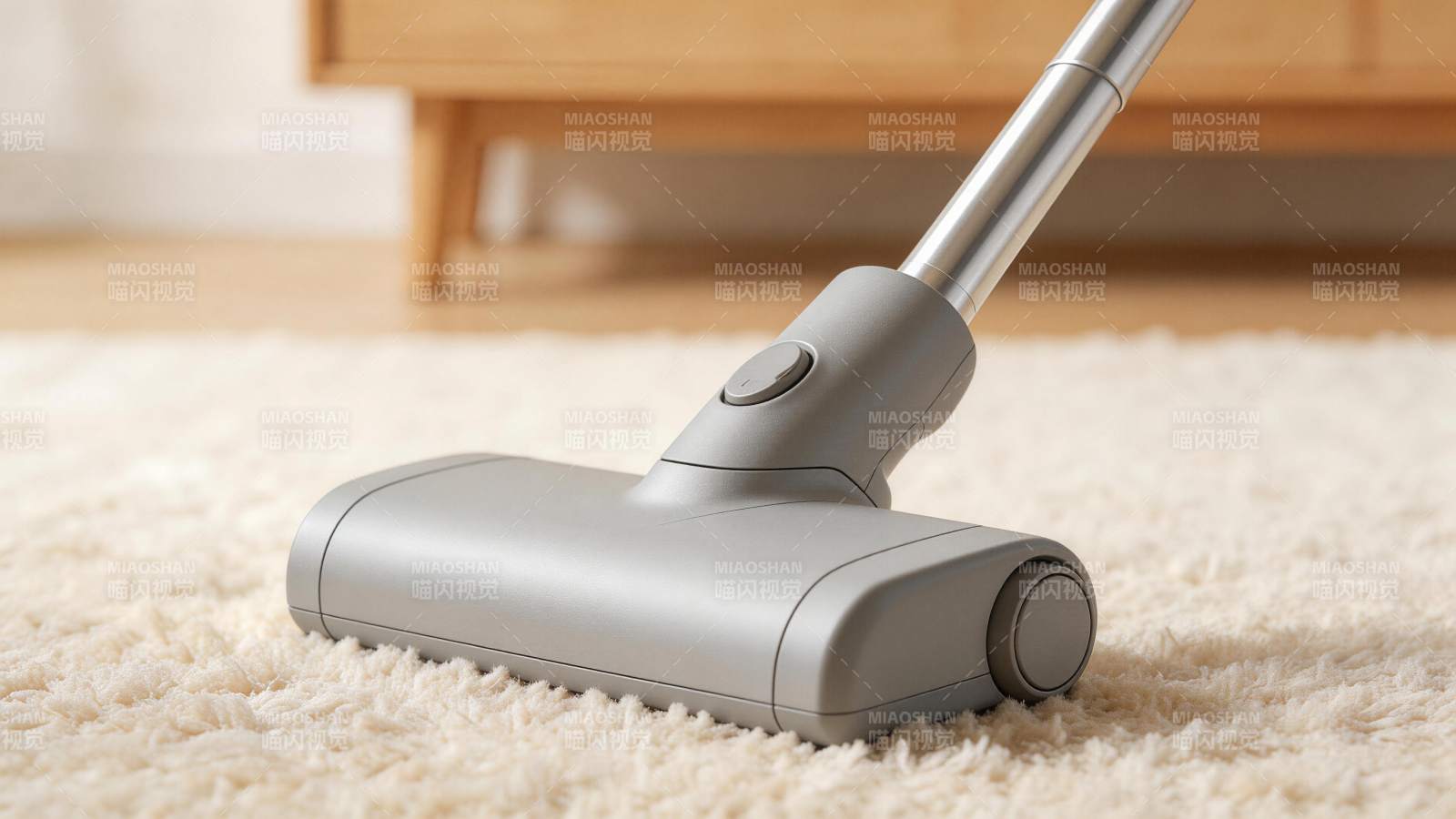 灰色吸尘器头在米色地毯上清洁作业图片