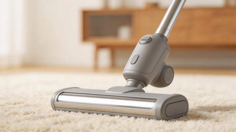 灰色手持吸尘器置于米色地毯上特写图片