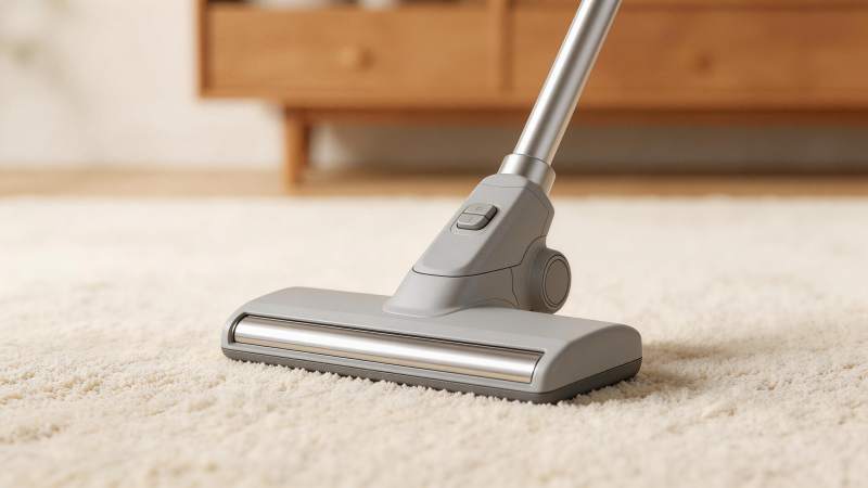 灰色吸尘器头在米色地毯上清洁作业图片