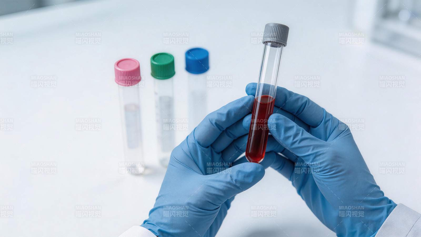 戴蓝色手套手持装有红色液体的试管图片