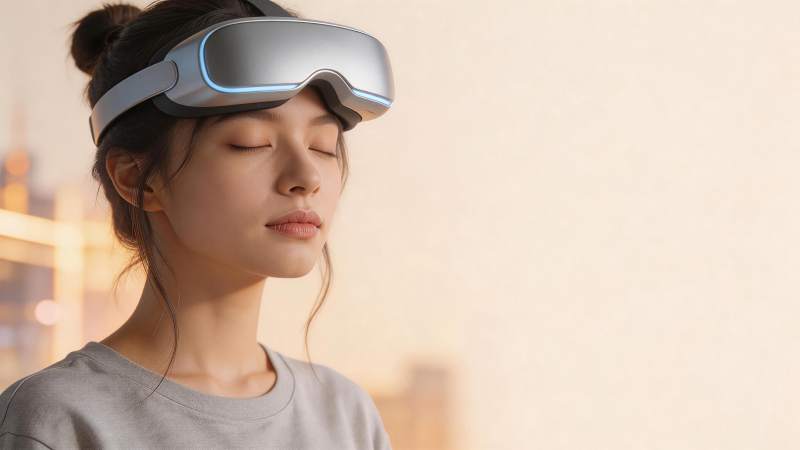 女性佩戴银色虚拟现实眼镜闭目体验图片