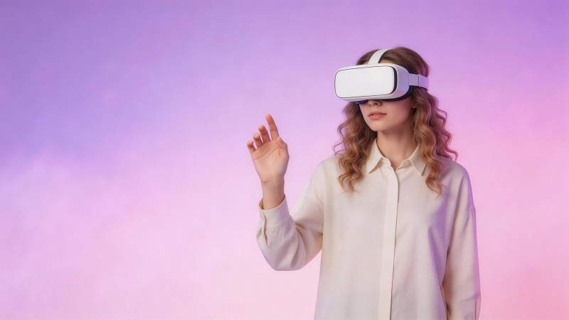 女性佩戴白色VR头显进行虚拟现实操作图片