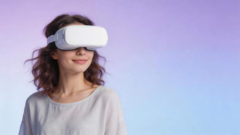 女性佩戴白色虚拟现实头戴设备体验沉浸场景图片