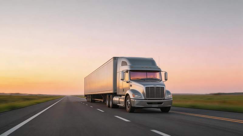 银色半挂卡车行驶在黄昏高速公路上图片